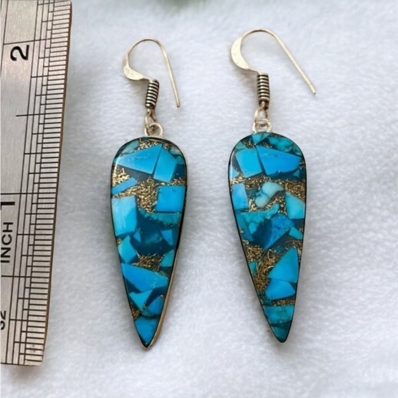 Copper Blue Turquoise Silver Earrings - Picture 3 of 4